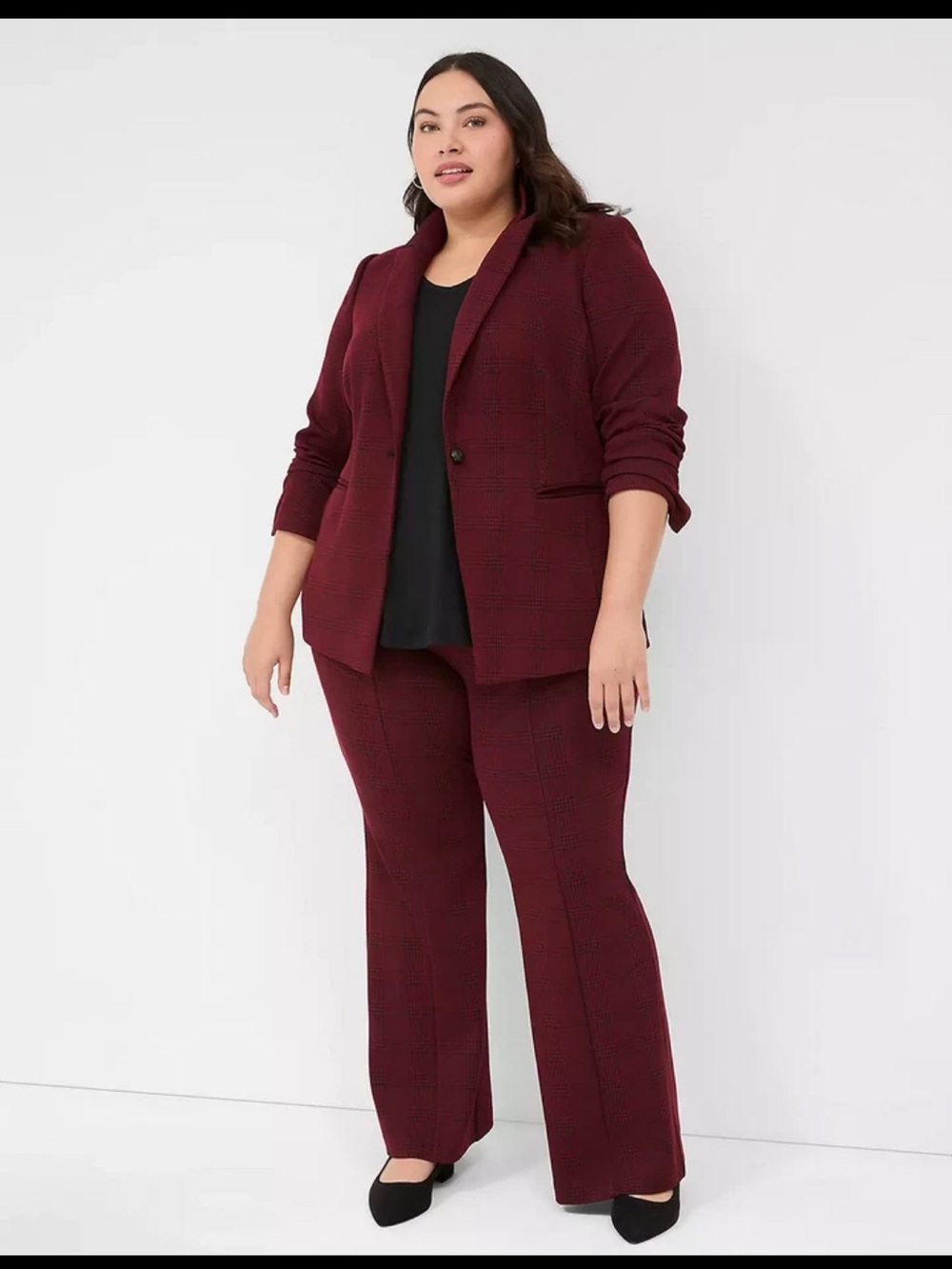 LANE BRYANT BURGUNDY HOUNDSTOOTH PONTE SINGLE BUTTON BLAZER PANTS SET 16 NEW
